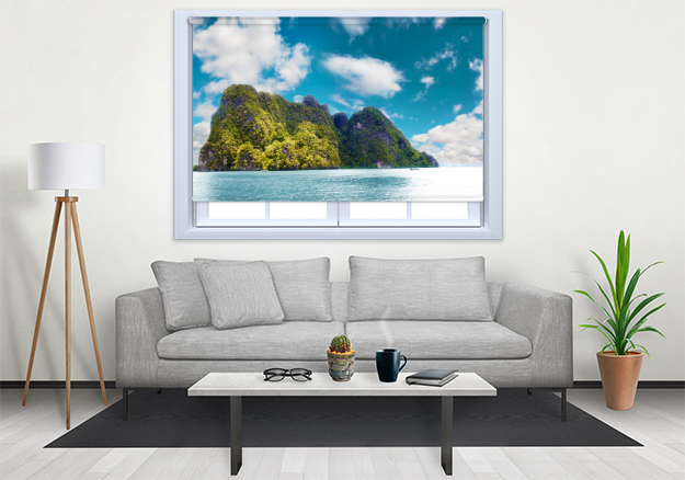 Blue sky through the window in the living room. Sofa, lamp, plan